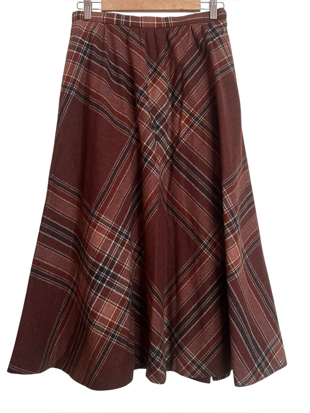 Vintage Burgundy Wool Plaid Midi Skirt